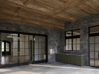 Outdoor living space designed by Ballard+Mensua Architecture, featuring natural stone walls, wide-plank wood ceiling, slate flooring, and black-framed sliding glass doors. A built-in green cabinetry sink area adds functionality, while the open-air design blends rustic textures with refined detailing, ideal for transitional indoor-outdoor entertaining.